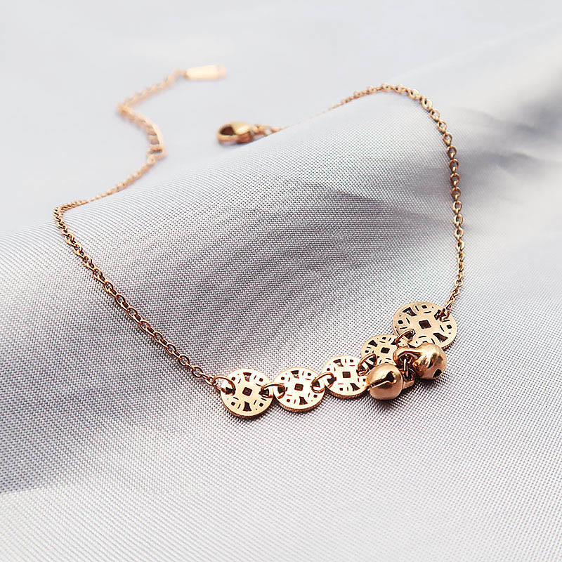 Copper Coins Bell Charm Titanium Steel Strengthen Anklet