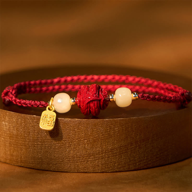 Natural Cinnabar Chinese Zodiac Hetian Jade Fu Character Luck Rope Bracelet
