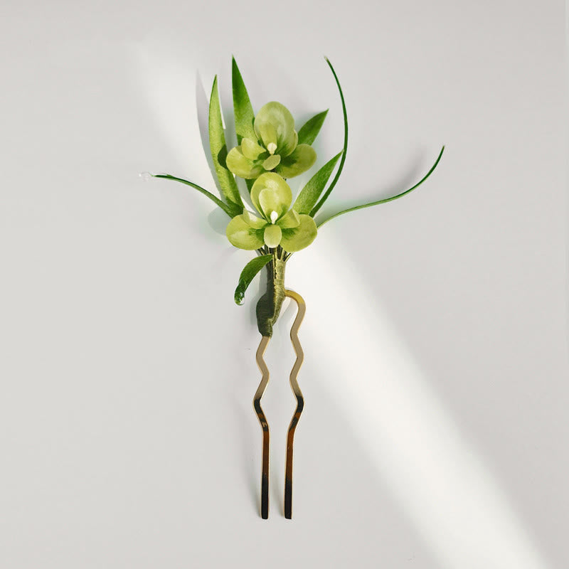 Elegant Handmade Velvet Green Flowers & Mulberry Silk Leaves Brooch Hairpin - Feng Shui Amulet for Luck & Style