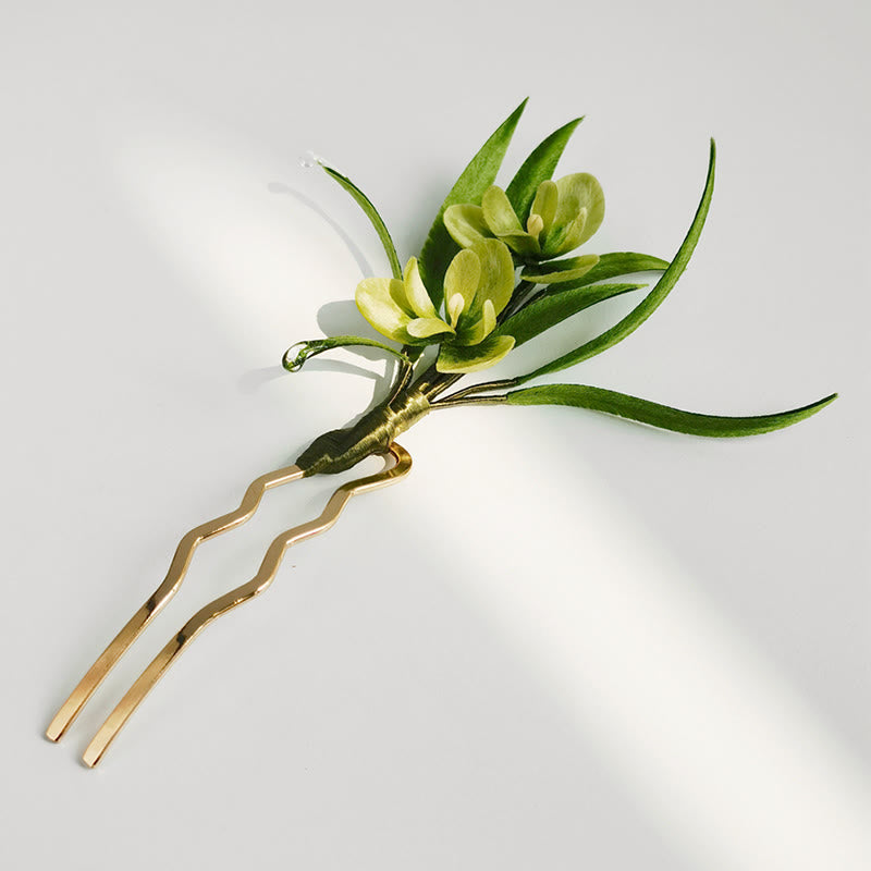 Elegant Handmade Velvet Green Flowers & Mulberry Silk Leaves Brooch Hairpin - Feng Shui Amulet for Luck & Style