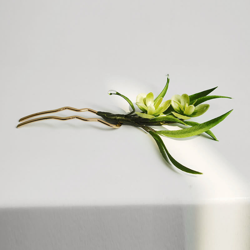 Elegant Handmade Velvet Green Flowers & Mulberry Silk Leaves Brooch Hairpin - Feng Shui Amulet for Luck & Style