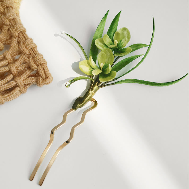 Elegant Handmade Velvet Green Flowers & Mulberry Silk Leaves Brooch Hairpin - Feng Shui Amulet for Luck & Style