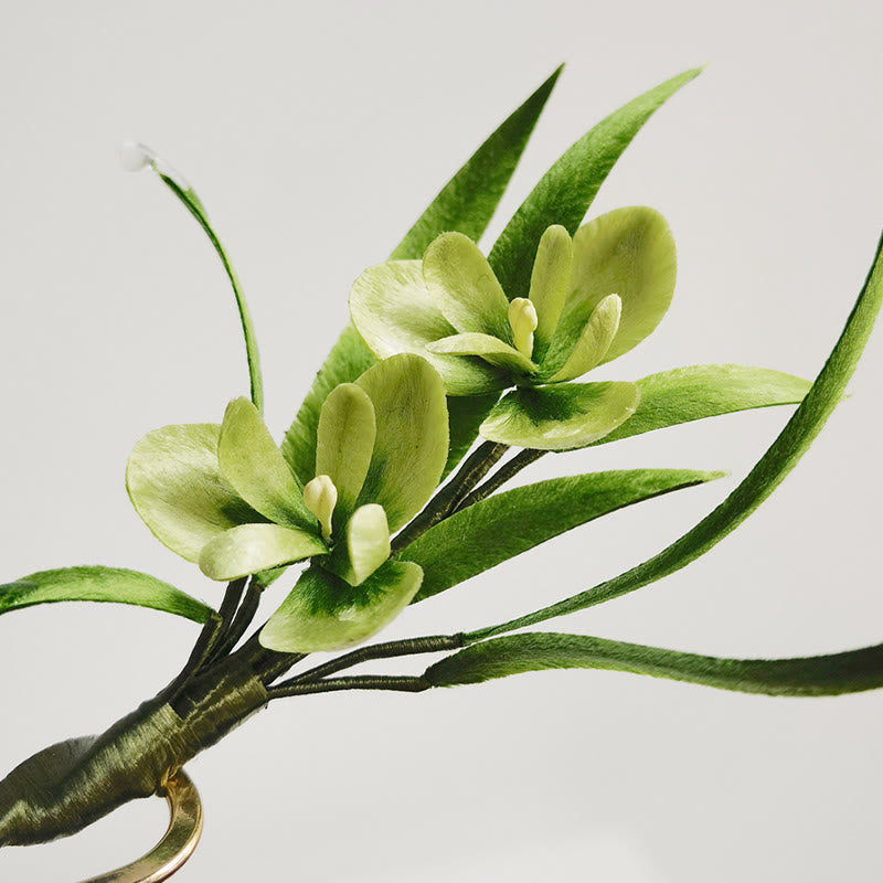 Elegant Handmade Velvet Green Flowers & Mulberry Silk Leaves Brooch Hairpin - Feng Shui Amulet for Luck & Style
