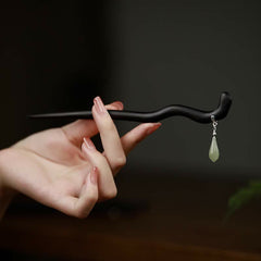 925 Sterling Silver Natural Hetian Jade & Ebony Wood Hairpin – Traditional Luck Charm for Stylish Hair Accessory