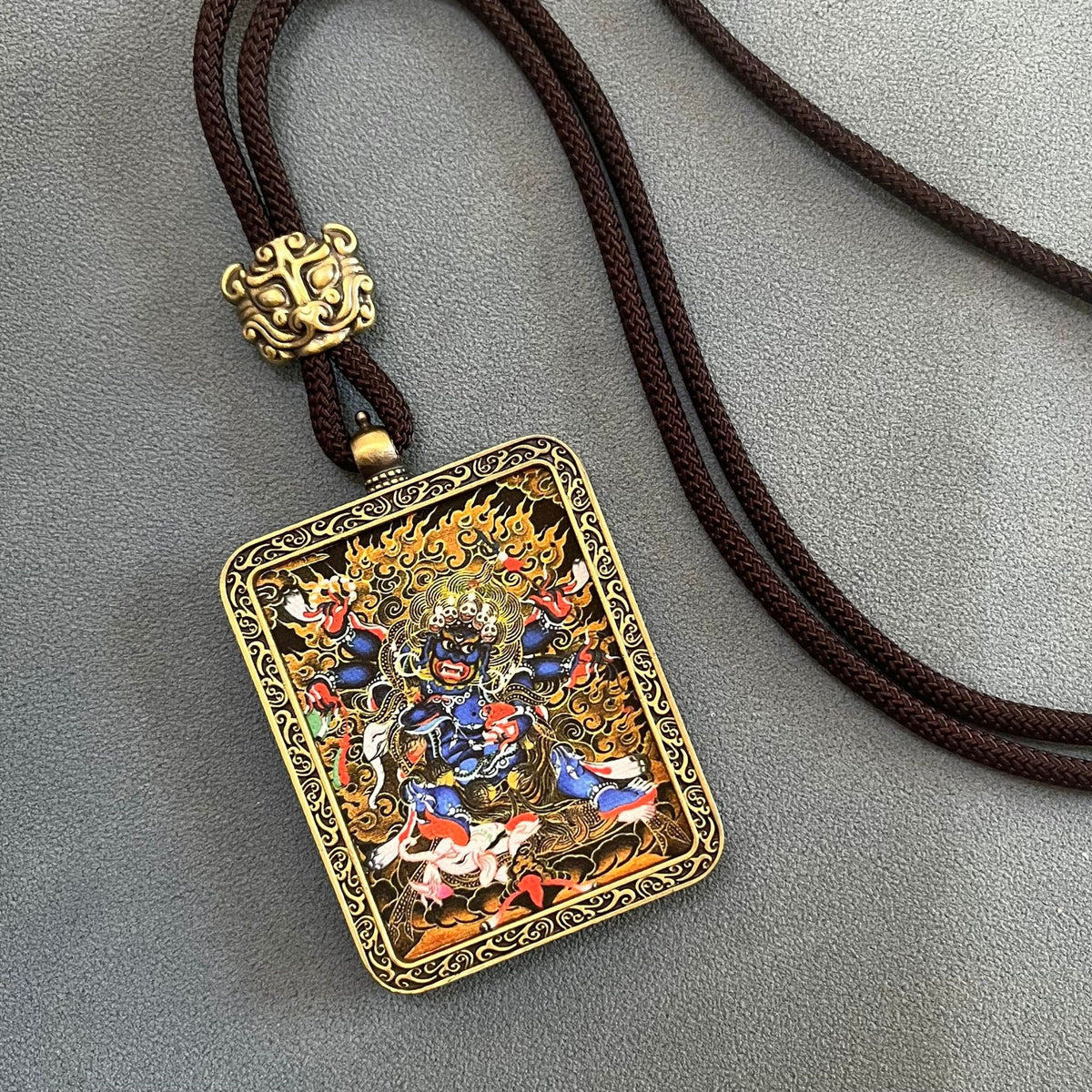 Tibetan Thangka Pendant: Five Wealth Gods & Mahakala Amulet Necklace