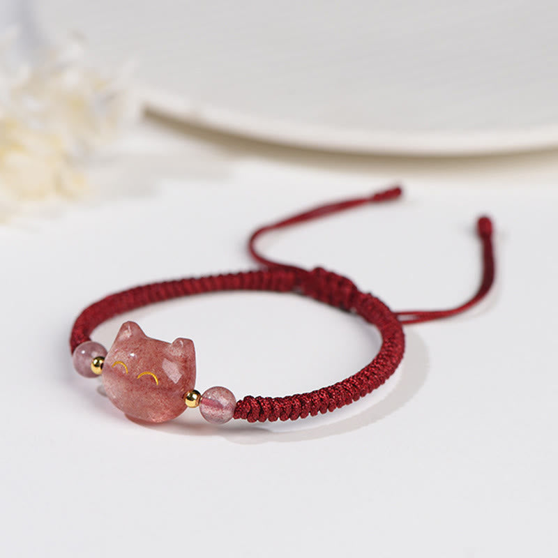 Handmade Natural Silver Sheen Obsidian Strawberry Quartz Cute Cat Protection Braided Bracelet