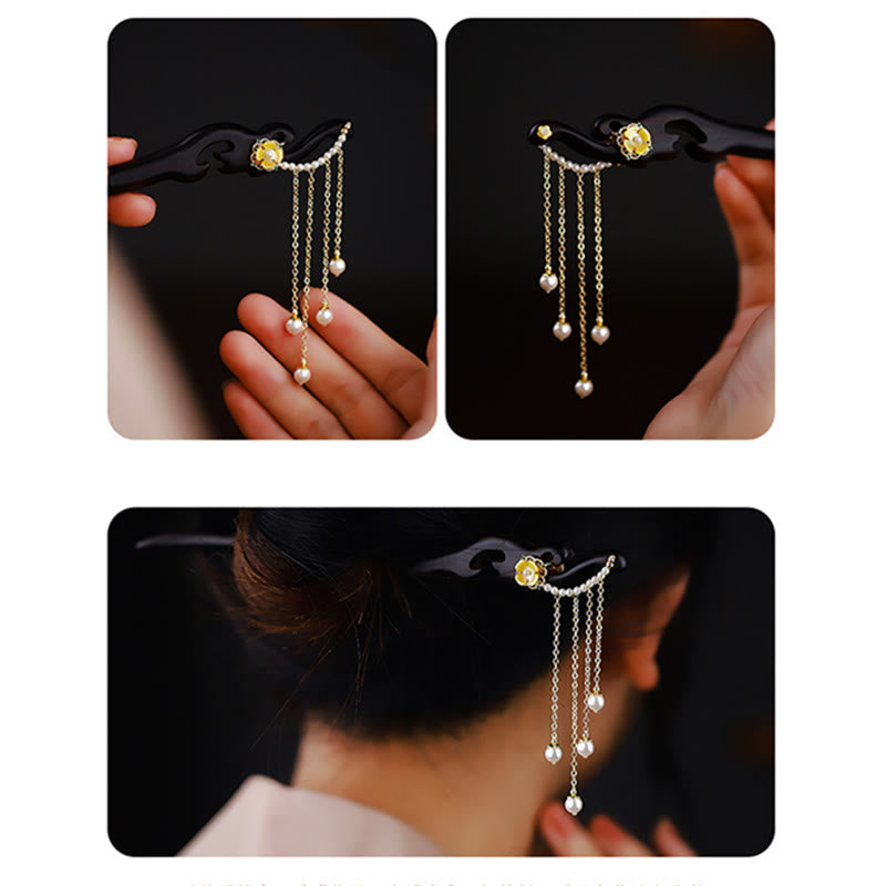 Ebony Wood Hairpin with Yellow Flowers & Pearl Tassels | Feng Shui Hair Accessory