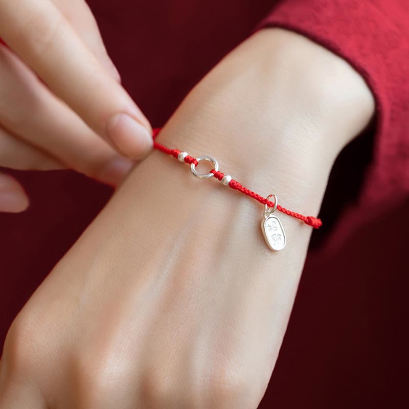 925 Sterling Silver Lucky Fortune Peace Joy Lotus Peace Buckle Red String Bracelet