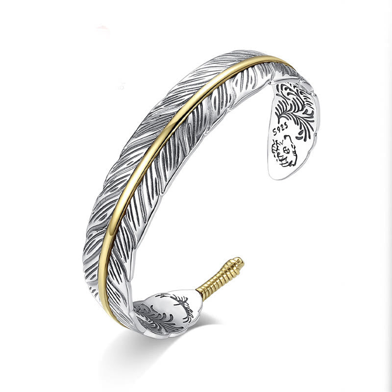 Feather Pattern Carved Luck Wealth Cuff Bracelet Bangle
