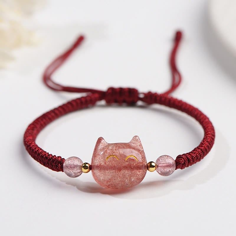 Handmade Natural Silver Sheen Obsidian Strawberry Quartz Cute Cat Protection Braided Bracelet