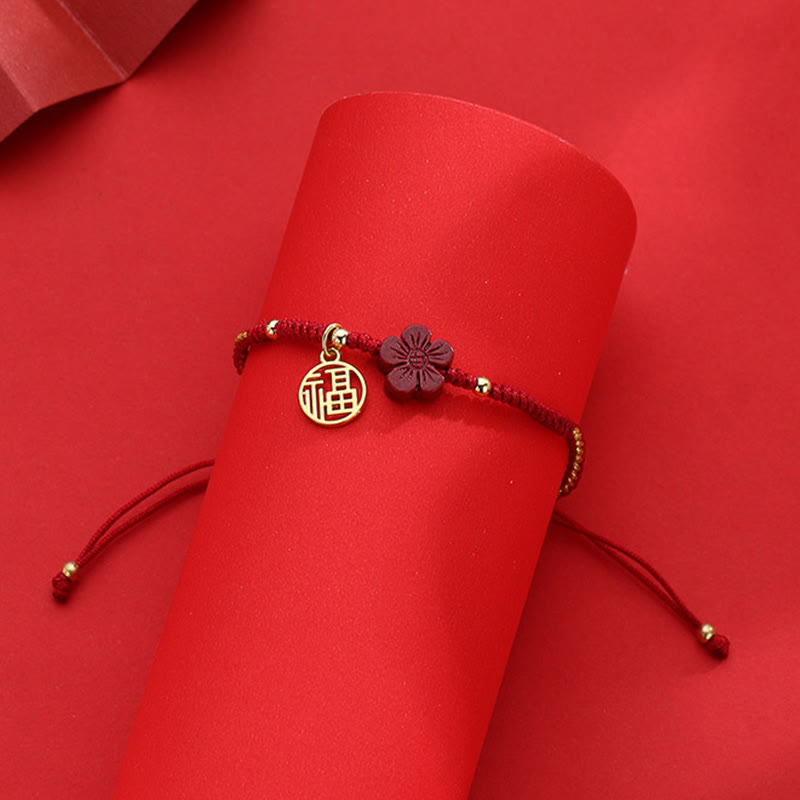 Cinnabar Flower Fu Character Blessing Braided String Bracelet