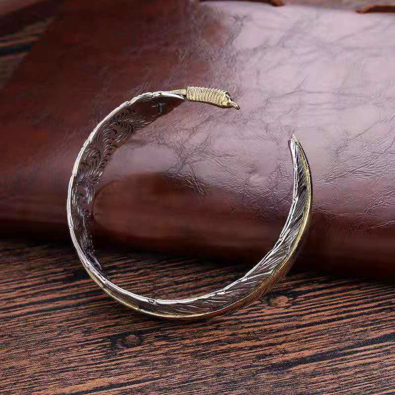 Feather Pattern Carved Luck Wealth Cuff Bracelet Bangle