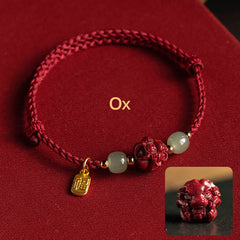 Natural Cinnabar Chinese Zodiac Hetian Jade Fu Character Luck Rope Bracelet