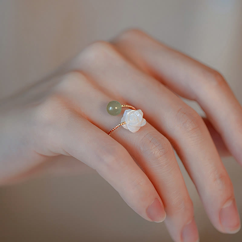 14K Gold Plated Tridacna Stone Rose Flower Jade Bead Blessing Ring