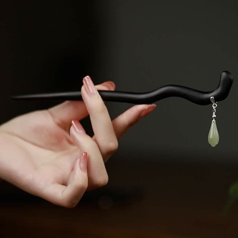 925 Sterling Silver Natural Hetian Jade & Ebony Wood Hairpin – Traditional Luck Charm for Stylish Hair Accessory