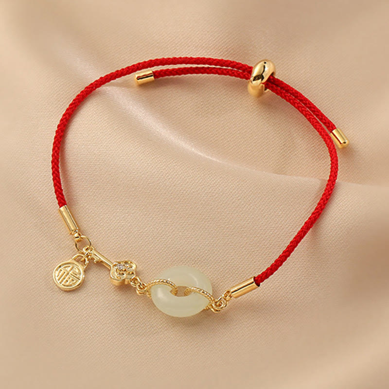 18K Gold Plated Hetian Jade Peace Buckle Fu Character Luck Red Rope Bracelet