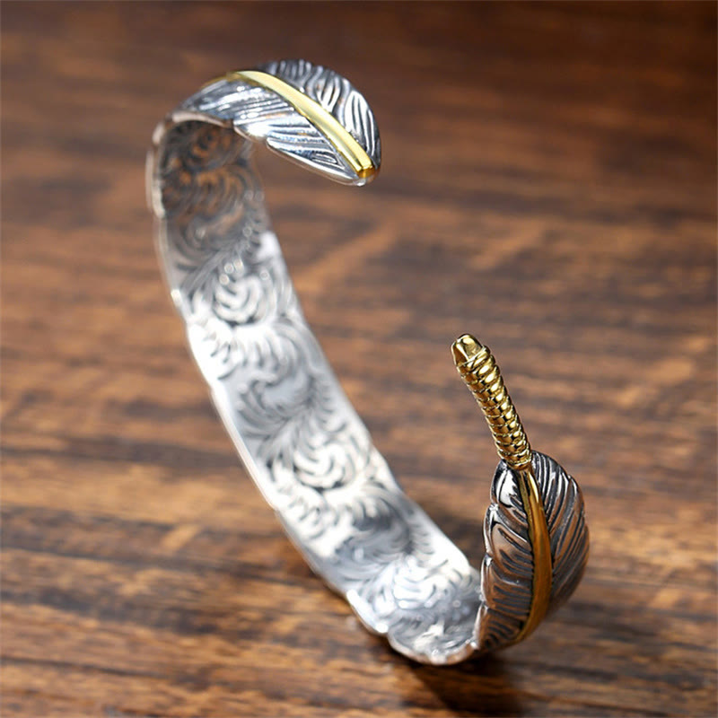 Feather Pattern Carved Luck Wealth Cuff Bracelet Bangle