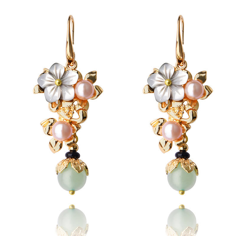 14K Gold Plated Tridacna Stone Flower Pearl Green Aventurine Bead Drop Earrings