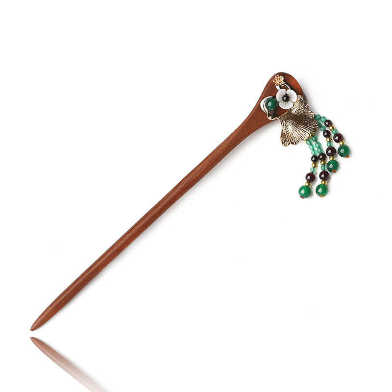 Red Sandalwood & Green Agate Hairpin: Feng Shui Lucky Hair Accessory with Ginkgo Leaf Charm