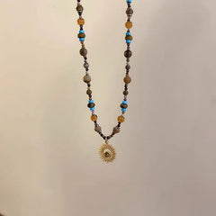 Women's Sunflower Beaded Necklace with Tiger Eye and Titanium Steel