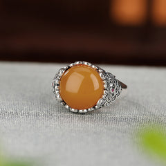 Vintage Silver & Honey Amber Ring. Feng Shui Energy, Bohemian Ethnic Style, Elegant Gift