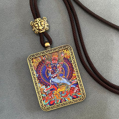 Tibetan Thangka Pendant: Five Wealth Gods & Mahakala Amulet Necklace