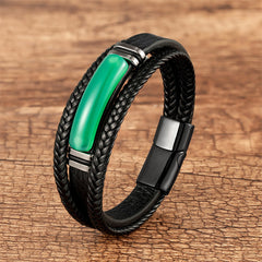 Natural Stone Green Agate Power Multilayered Braided Leather Bracelet