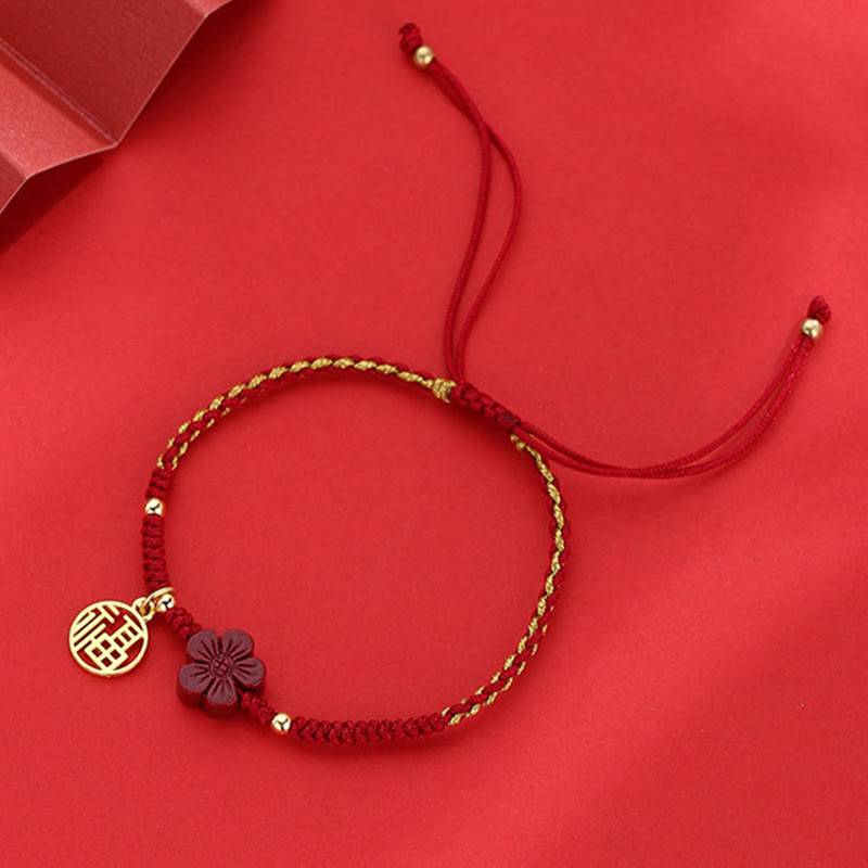 Cinnabar Flower Fu Character Blessing Braided String Bracelet