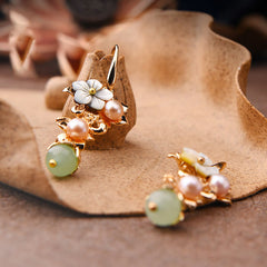 14K Gold Plated Tridacna Stone Flower Pearl Green Aventurine Bead Drop Earrings