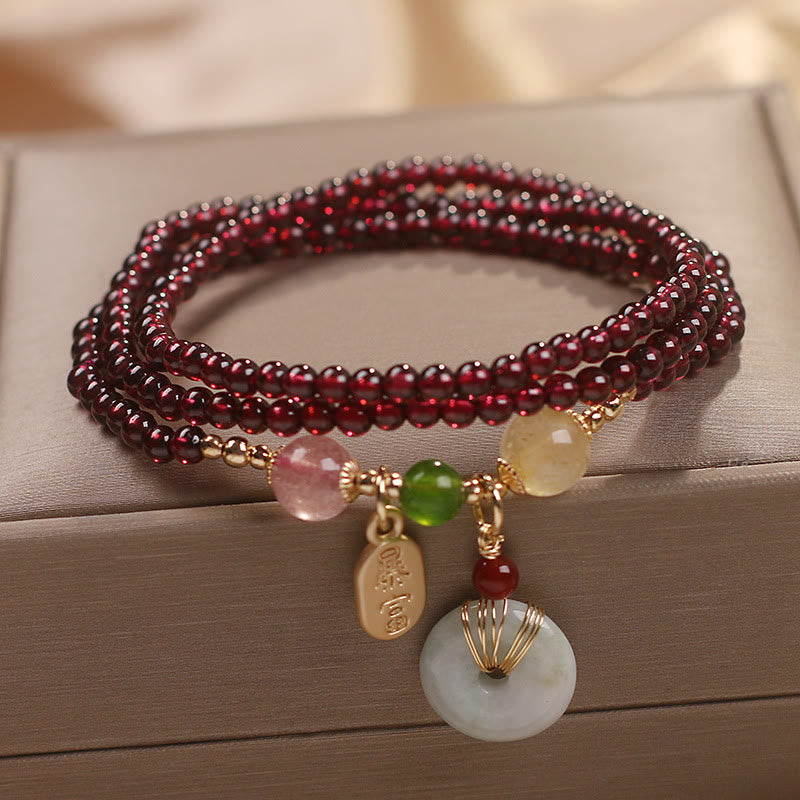Natural Garnet Strawberry Quartz Crystal Fox Koi Fish Peace Buckle Fortune Protection Triple Wrap Bracelet