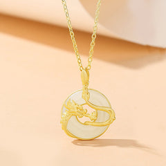 925 Sterling Silver Year of the Dragon Hetian Jade Golden Dragon Phoenix Peace Buckle Luck Necklace Pendant