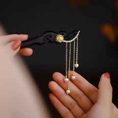 Ebony Wood Hairpin with Yellow Flowers & Pearl Tassels | Feng Shui Hair Accessory