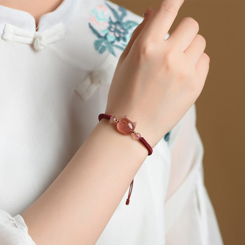 Handmade Natural Silver Sheen Obsidian Strawberry Quartz Cute Cat Protection Braided Bracelet