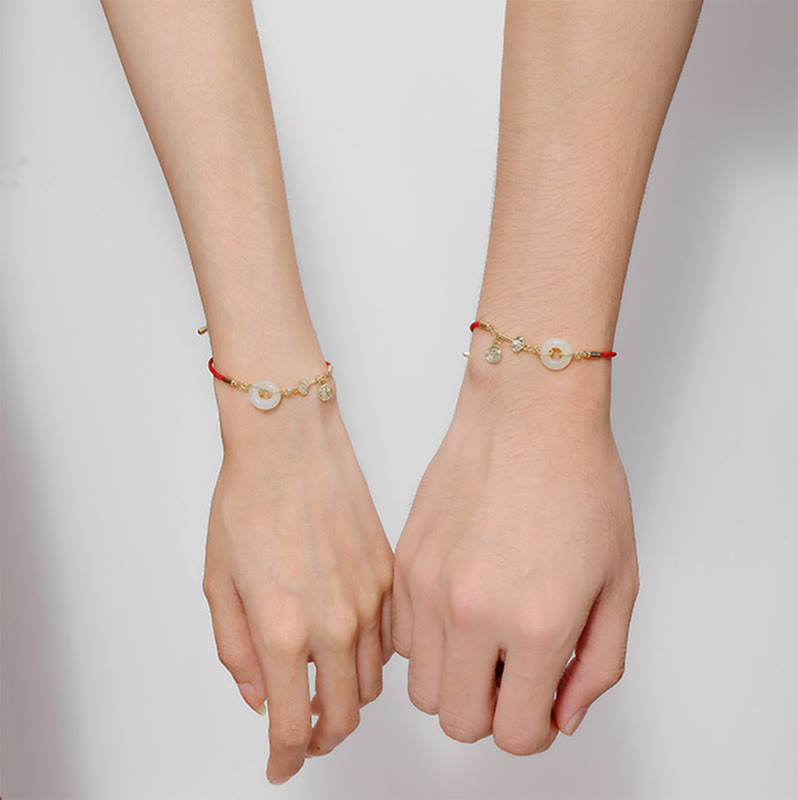 18K Gold Plated Hetian Jade Peace Buckle Fu Character Luck Red Rope Bracelet