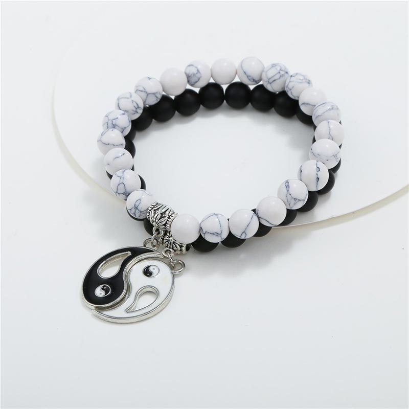2pcs Natural Black Onyx White Turquoise Bead Yin Yang Couple Bracelet