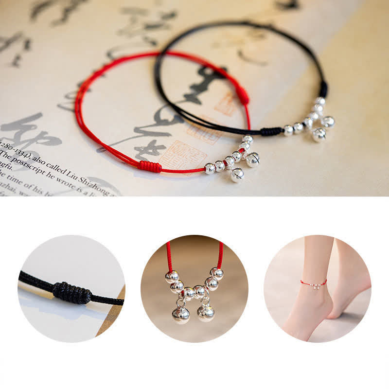 925 Sterling Silver Red String Braid Bell Charm Anklet