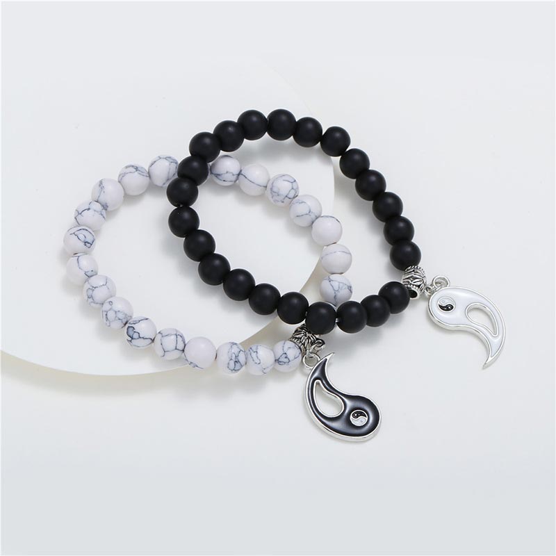 2pcs Natural Black Onyx White Turquoise Bead Yin Yang Couple Bracelet