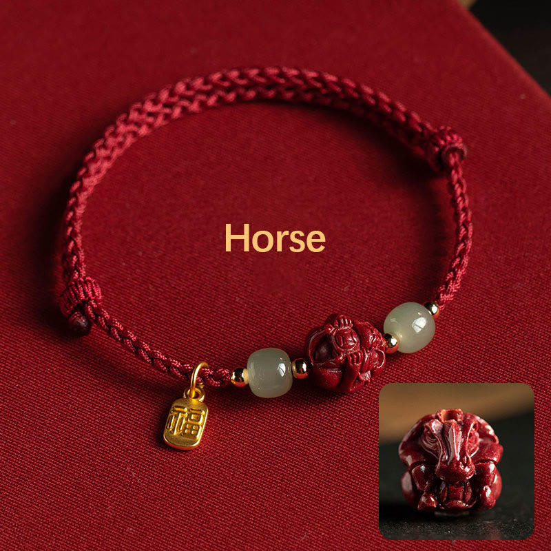 Natural Cinnabar Chinese Zodiac Hetian Jade Fu Character Luck Rope Bracelet