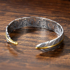 Feather Pattern Carved Luck Wealth Cuff Bracelet Bangle