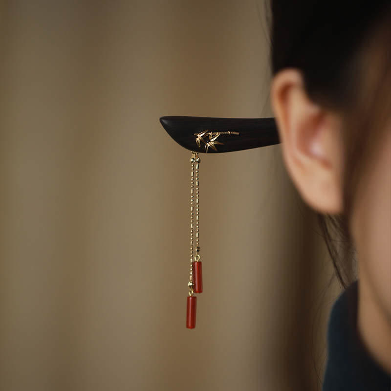 Red Agate & Ebony Wood Hairpin: Traditional Tassel Design for Confidence & Style