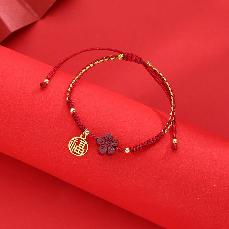 Cinnabar Flower Fu Character Blessing Braided String Bracelet