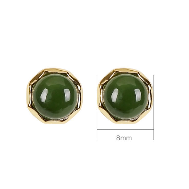 925 Sterling Silver Plated Gold Natural Hetian Cyan Jade Bead Luck Stud Earrings