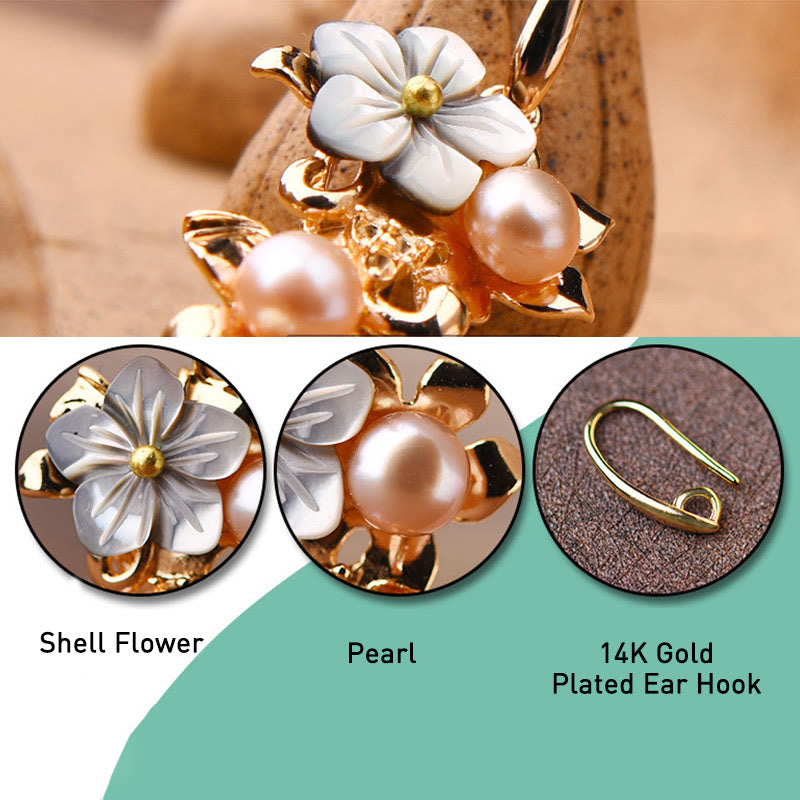 14K Gold Plated Tridacna Stone Flower Pearl Green Aventurine Bead Drop Earrings