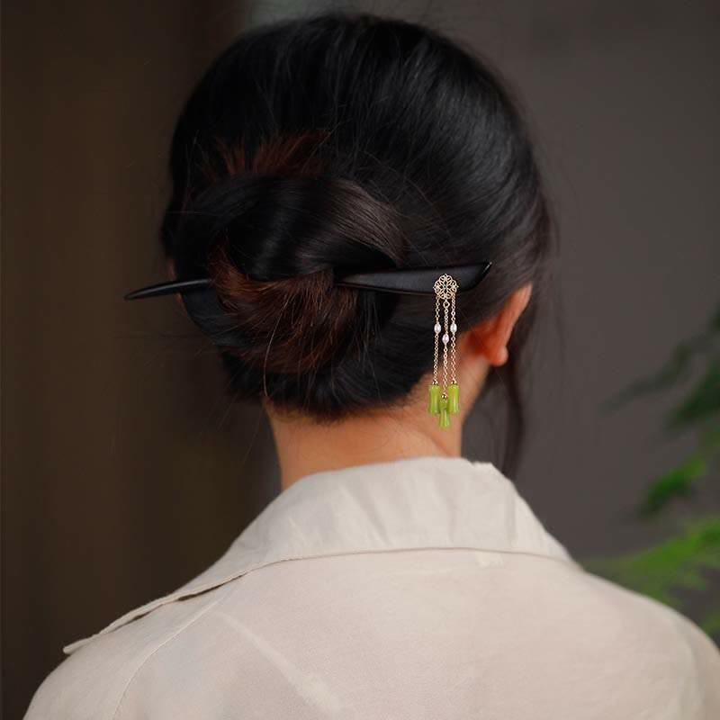 Peridot & Ebony Wood Hairpin - Love Charm for Harmony & Good Fortune
