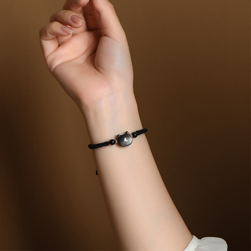 Handmade Natural Silver Sheen Obsidian Strawberry Quartz Cute Cat Protection Braided Bracelet
