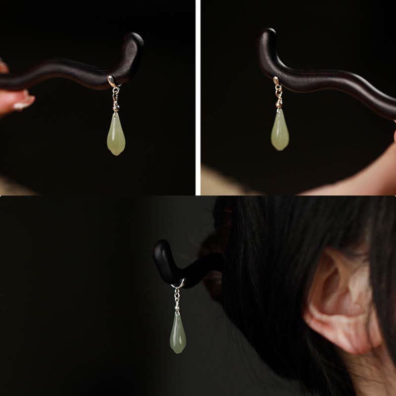 925 Sterling Silver Natural Hetian Jade & Ebony Wood Hairpin – Traditional Luck Charm for Stylish Hair Accessory