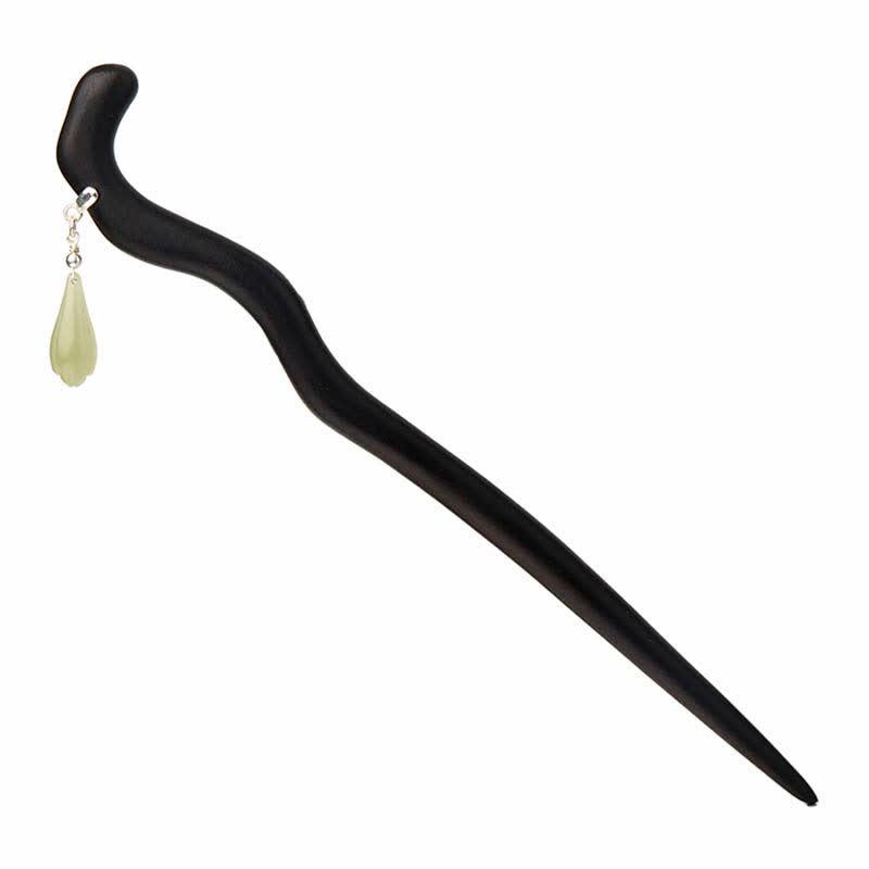 925 Sterling Silver Natural Hetian Jade & Ebony Wood Hairpin – Traditional Luck Charm for Stylish Hair Accessory
