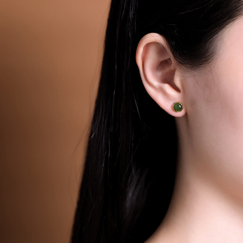 925 Sterling Silver Plated Gold Natural Hetian Cyan Jade Bead Luck Stud Earrings