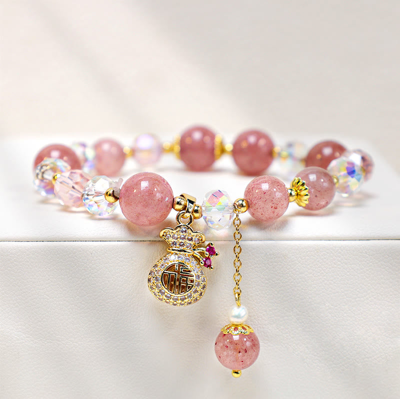 Natural Strawberry Quartz Crystal Money Bag Charm Positive Bracelet