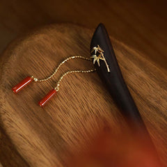 Red Agate & Ebony Wood Hairpin: Traditional Tassel Design for Confidence & Style